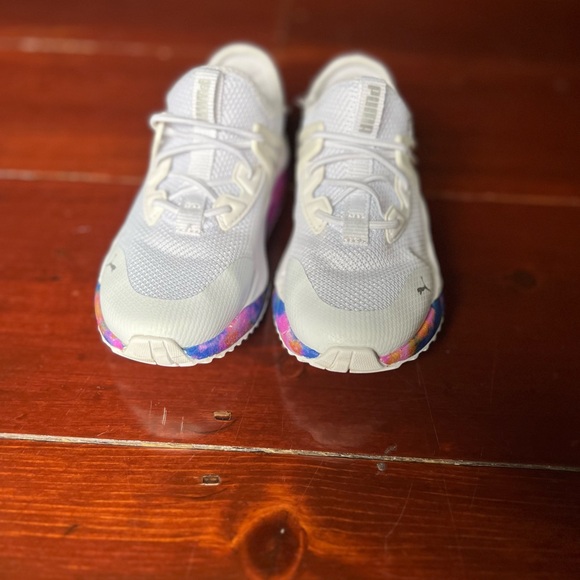Puma white sneakers pink and purple swirl on the bottom size 11 little girls - Picture 2 of 9